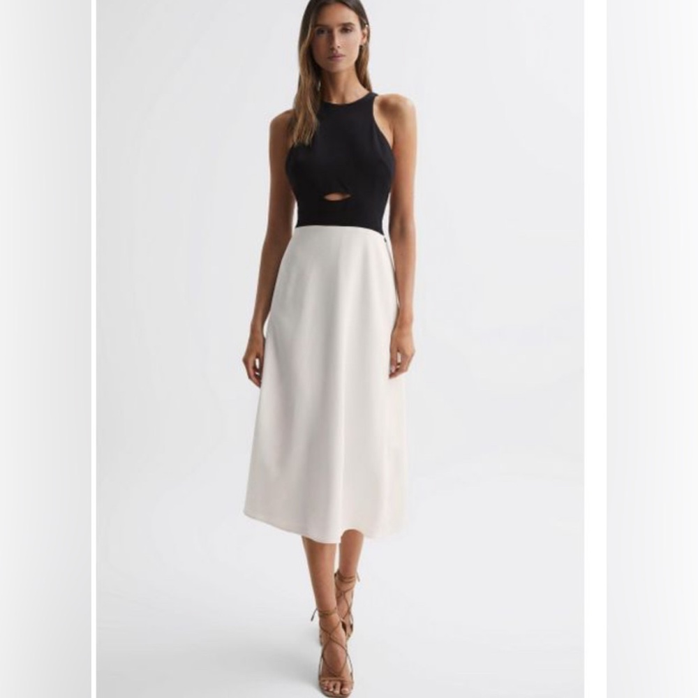 Reiss Women's Vienna Black/White Halter Neck Cut Out Midi Dress